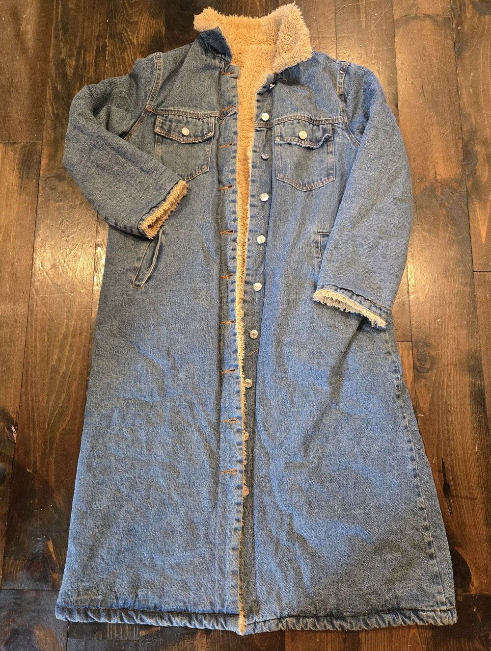 Long Denim Sherpa-Lined Jean Coat Jacket - Blue Sz M